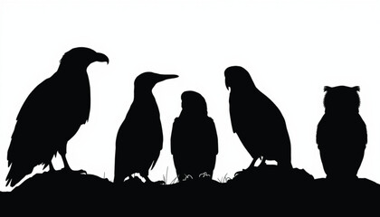Fototapeta premium Bird silhouettes including eagles, gannets, and owls stand gathered along a terrain ground against an empty white background.