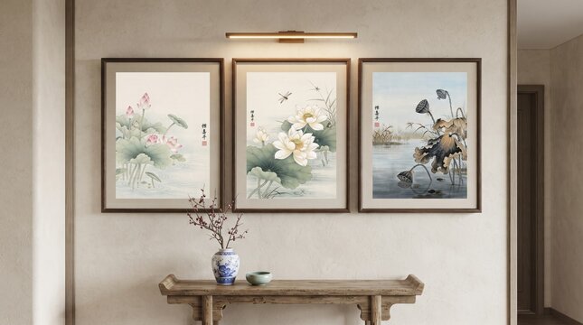 Traditional Chinese lotus ink painting triptych, elegant floral wall art in wooden frames, zen interior decor with oriental botanical artwork