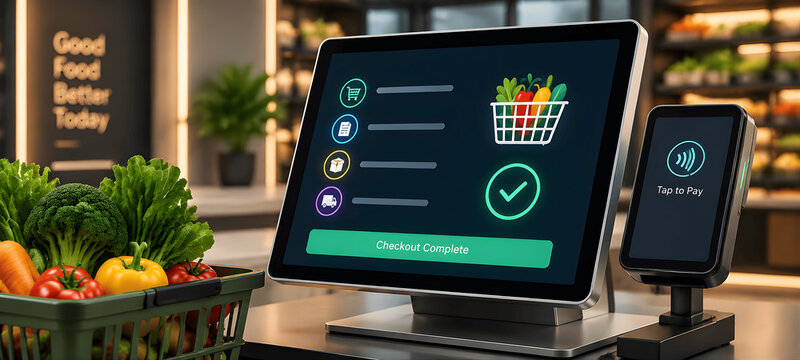 Modern self checkout pos terminal display in grocery supermarket with tap to pay contactless reader and fresh vegetables
