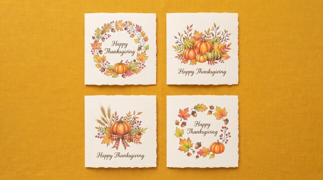 Set of four square watercolor greeting cards featuring autumn harvest themes with pumpkins and fall foliage on yellow