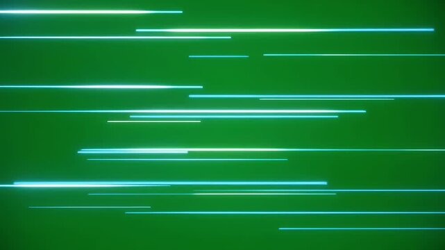 Glowing neon lines moving fast horizontally on a green background, creating a futuristic speed and motion effect for video design overlays and digital transitions