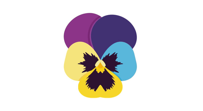 A vibrant and stylized pansy flower illustration featuring a striking palette of purple, blue, and yellow, designed with a modern flat graphic aesthetic for visual projects
