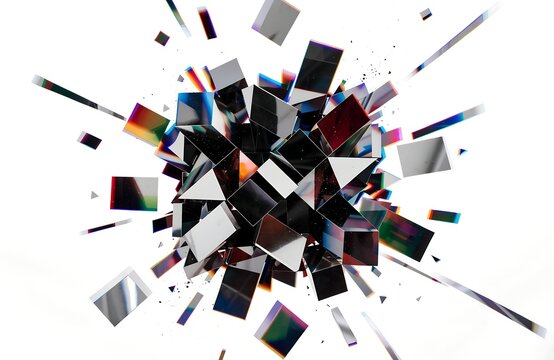 Abstract Shattering Mirrored Cubes and Prismatic Glass Shards Exploding on White Background 3D Render