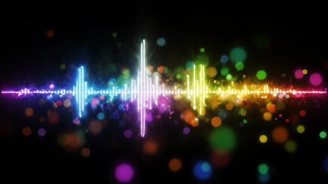 Vibrant rainbow sound equalizer with glowing bokeh on a dark background.