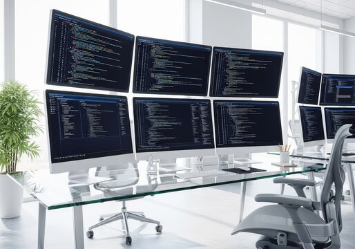 Multiple computer monitors display complex lines of source code inside a bright contemporary workspace featuring ergonomic furniture and glass, frontend, keyboard, script