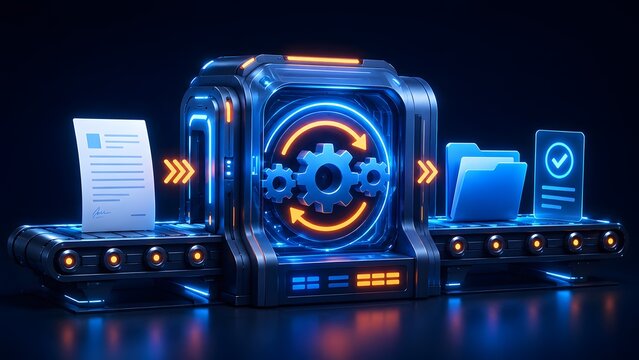Digital document workflow automation concept with a futuristic processing machine and conveyor belt