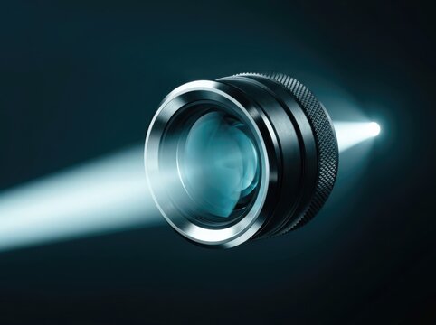 Camera Lens Optics with Light Beam on Dark Background 3D Rendering