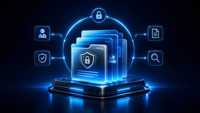 Secure digital data management concept with glowing folder icons, padlock, shield, and connected network symbols