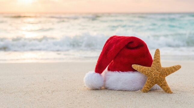 Tropical Christmas Santa hat on sandy beach, red holiday cap with starfish by ocean waves, summer winter vacation concept