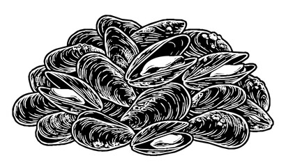 Fresh Mussel Pile Black and White Shellfish Vector Illustration © Bipul
