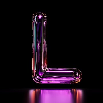Glowing 3D glass letter L on black background.
