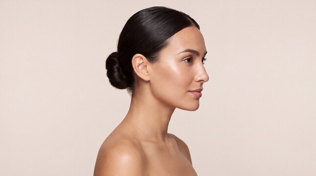 Side profile portrait of a beautiful woman with smooth skin and hair in a bun with neutral background with against plain neutral