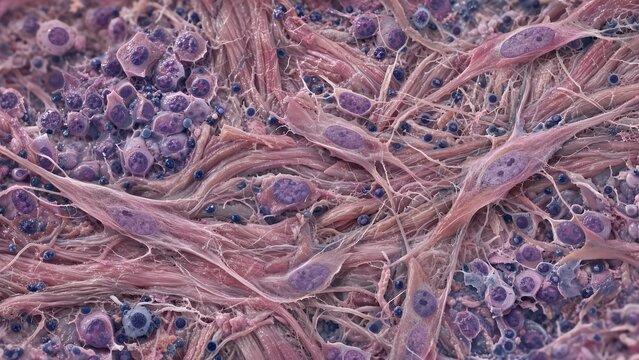 Histological visualization of spindle-shaped cancer-associated fibroblasts within a dense extracellular collagen matrix surrounded by tumor and immune cells