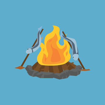 A cartoon campfire with logs, rocks, and two marshmallows roasting on sticks, illustrated in flat design style.
