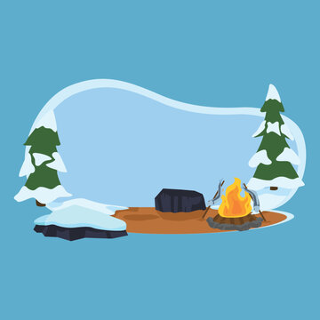 A flat design vector illustration of a campfire burning beside rocks and snow covered evergreen trees in winter.