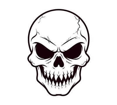 Black line art style skull drawing with crack details on clean white background