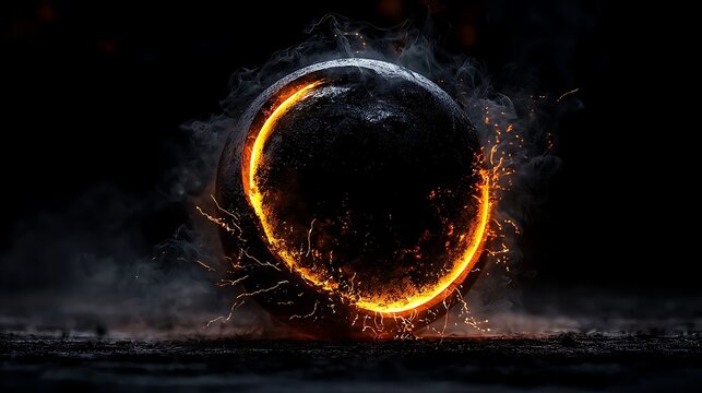 Glowing fire orb with smoke on dark ground.