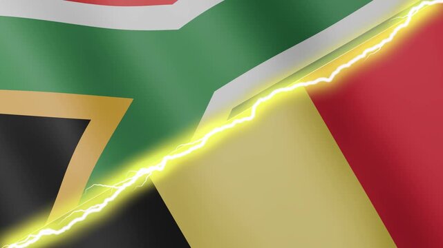 Two waving flags South Africa and Belgium with diagonal lightning seamless, 4k loop
