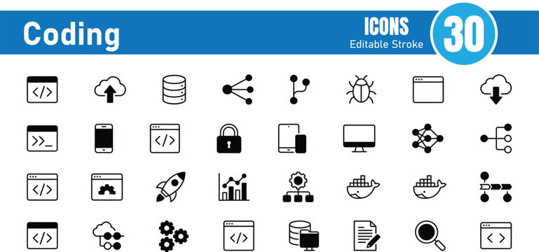 Set of thirty black and white vector icons representing software development programming and web coding concepts and tools