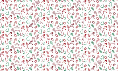 Fototapeta premium Christmas Seamless Pattern with Line Art Reindeer Gingerbread Man Candy Cane Stockings and Christmas Trees