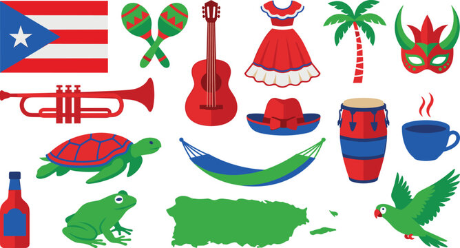 Puerto Rico Cultural Travel Vector Icon Set with National Flag Map Coqui Frog Parrot Guitar Conga Drum and Traditional Mask for Holiday Graphic Designs