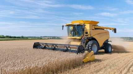Obraz premium Yellow combine harvester cutting wheat in a vast agricultural field under a clear blue sky with distant trees and farmland visible in the background