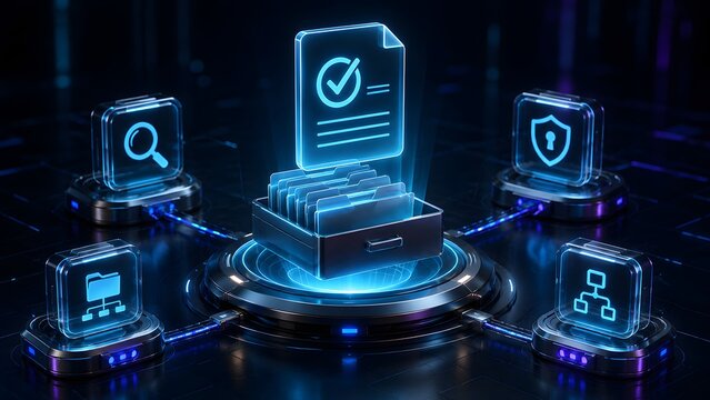 Futuristic Data Management System with Document, Search, Security, and Network Icons