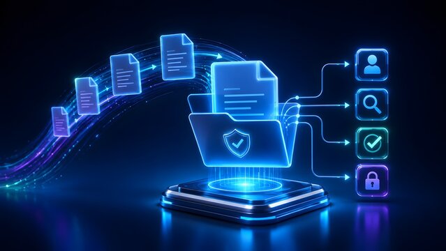 Secure digital data flow concept with files moving into a protected folder and access control icons on a glowing platform