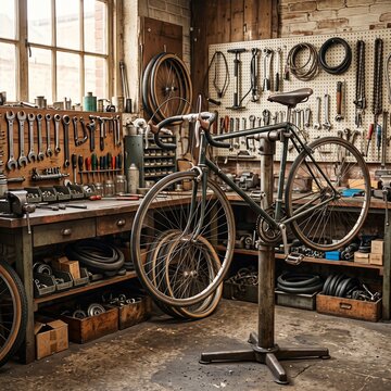 fixing bicycle in workshop