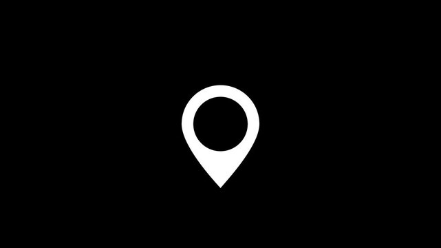 Animated white map location pin icon on black background, symbolizing GPS navigation, travel destination, position marker, geographical place, route tracking, and address point concept.