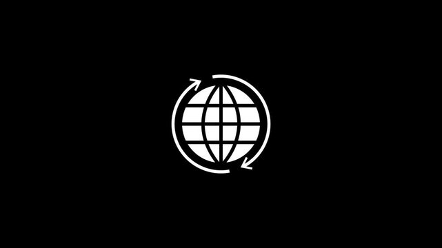 Animated white globe grid with rotating arrows on black background, symbolizing global network, worldwide communication, internet connectivity, international trade, and web navigation,4k stock Video