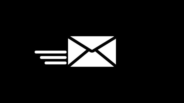 Animated white email envelope icon moving with speed motion lines on black background, symbolizing fast message delivery, email sending, direct communication, and digital contact concept,