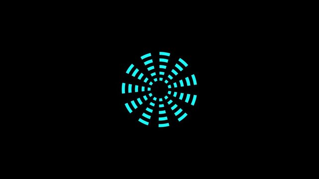 Abstract turquoise radial equalizer design with segmented arcs on a black background. Modern digital sound wave visualization creating a symmetrical futuristic pattern.