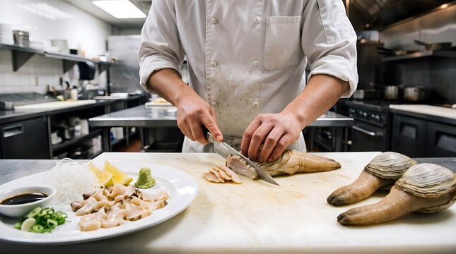 Professional chef slicing fresh geoduck clam on cutting board in kitchen