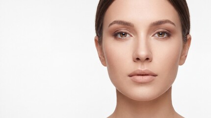 Fototapeta premium Portrait of a young woman with natural makeup looking at the camera against a white background with facing forward