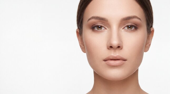 Portrait of a young woman with natural makeup looking at the camera against a white background with facing forward
