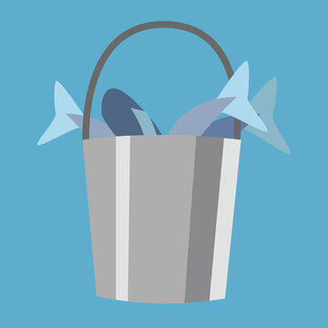 A flat design vector illustration of a metal bucket filled with fresh fish, shown on a blue background.