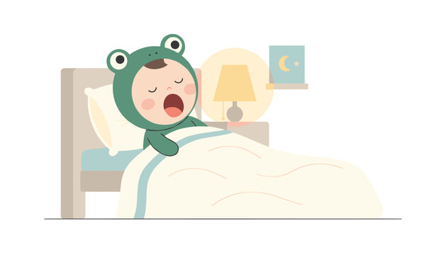 Adorable baby wearing a cute green frog pajamas costume yawning in cozy bed before falling asleep at night.