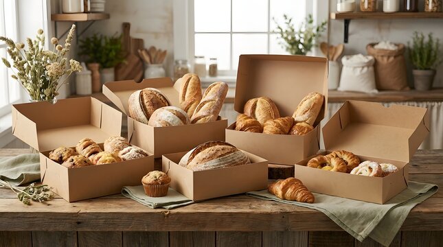 Assorted fresh artisan bread and pastries packed in cardboard boxes on a rustic wooden kitchen table