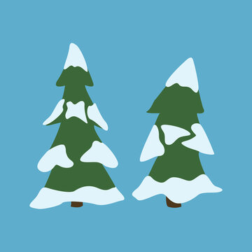 A flat design vector illustration of two snow covered evergreen pine trees against a blue background.
