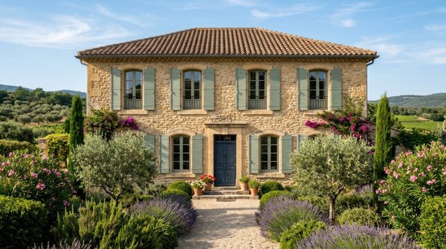 A traditional French stone house with a tiled roof and green shutters, surrounded by lush greenery and lavender fields.