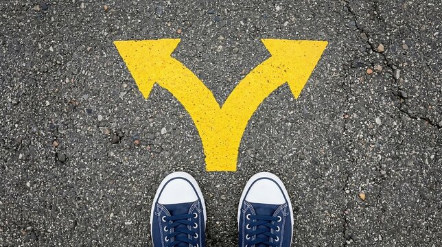 A person stands before a yellow split arrow choosing a direction