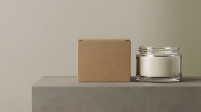 Blank cosmetic cream jar with cardboard packaging box on a minimalist stone pedestal background