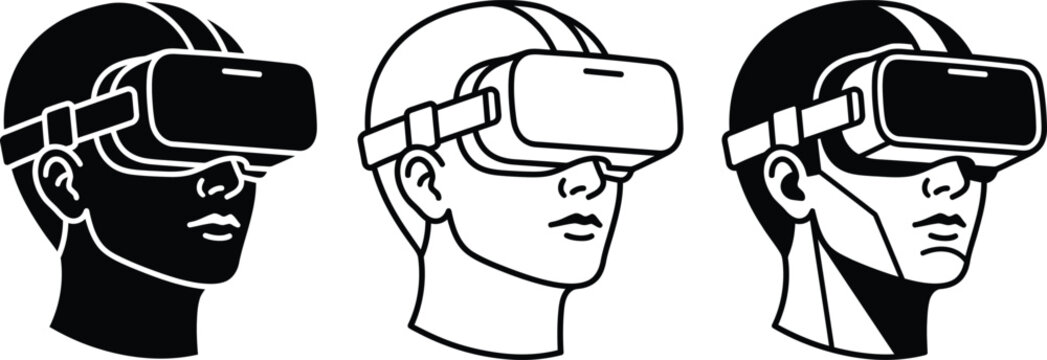 Set of human heads wearing virtual reality headsets in black and white line art style.
