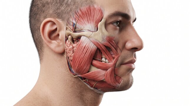 Detailed Human Facial Muscular System Anatomy Illustration Showing Jaw and Cheeks