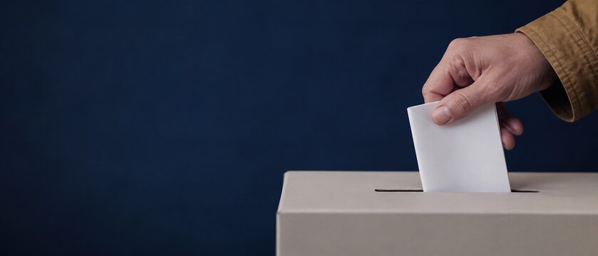 Detailed close up of a hand placing a ballot into a voting box during the electoral process