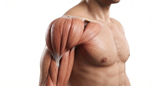Detailed 3D anatomical model of human shoulder and arm musculature showcasing biceps and deltoid fibers for medical study