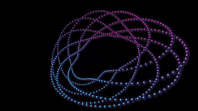 Glowing purple and blue particle spheres rotating in a complex abstract geometric ring loop