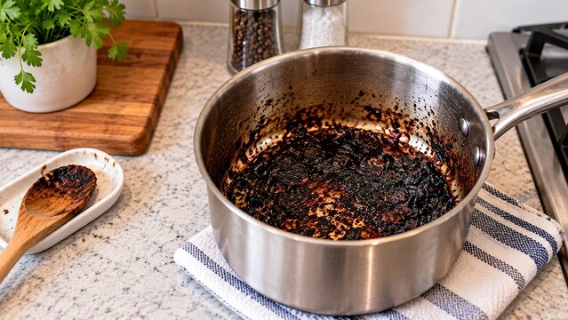 Stainless steel saucepan on kitchen countertop showing heavily scorched black food residue covering interior bottom after cooking was forgotten, realistic household cooking fail