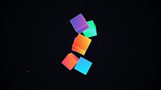 Looping 3D motion graphic of colorful neon geometric cubes rotating in a circle on black background